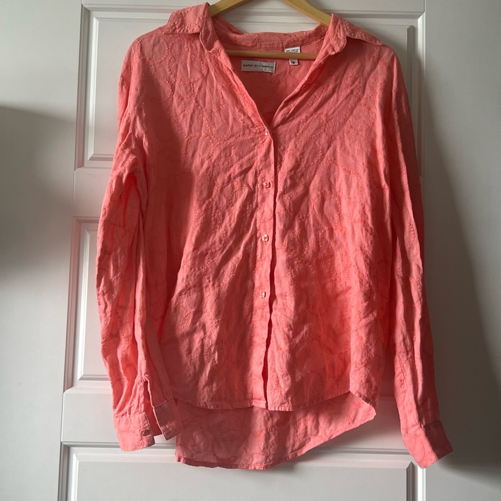 NWOT Dana Buchman Linen Coral Button-Down Shirt W/Embroidery. Size 6/S. - Picture 6 of 15